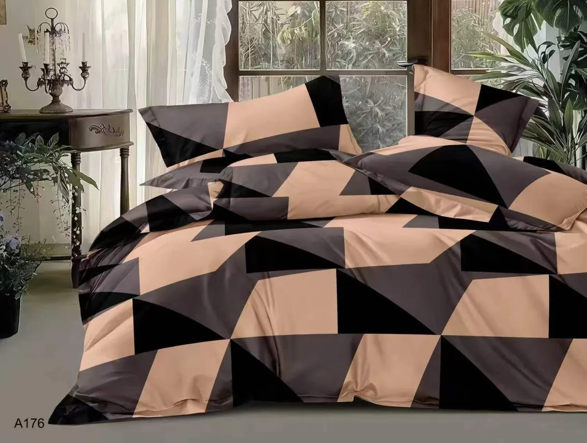 Komplet pościeli 3D geometryczny wzór 200x220 satyna bawełniana beżowo-czarny