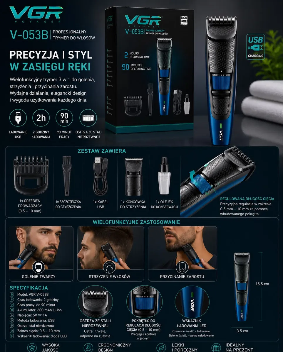VGR V-053B Profesjonalny Trymer do Włosów USB Czarny z Niebieskim