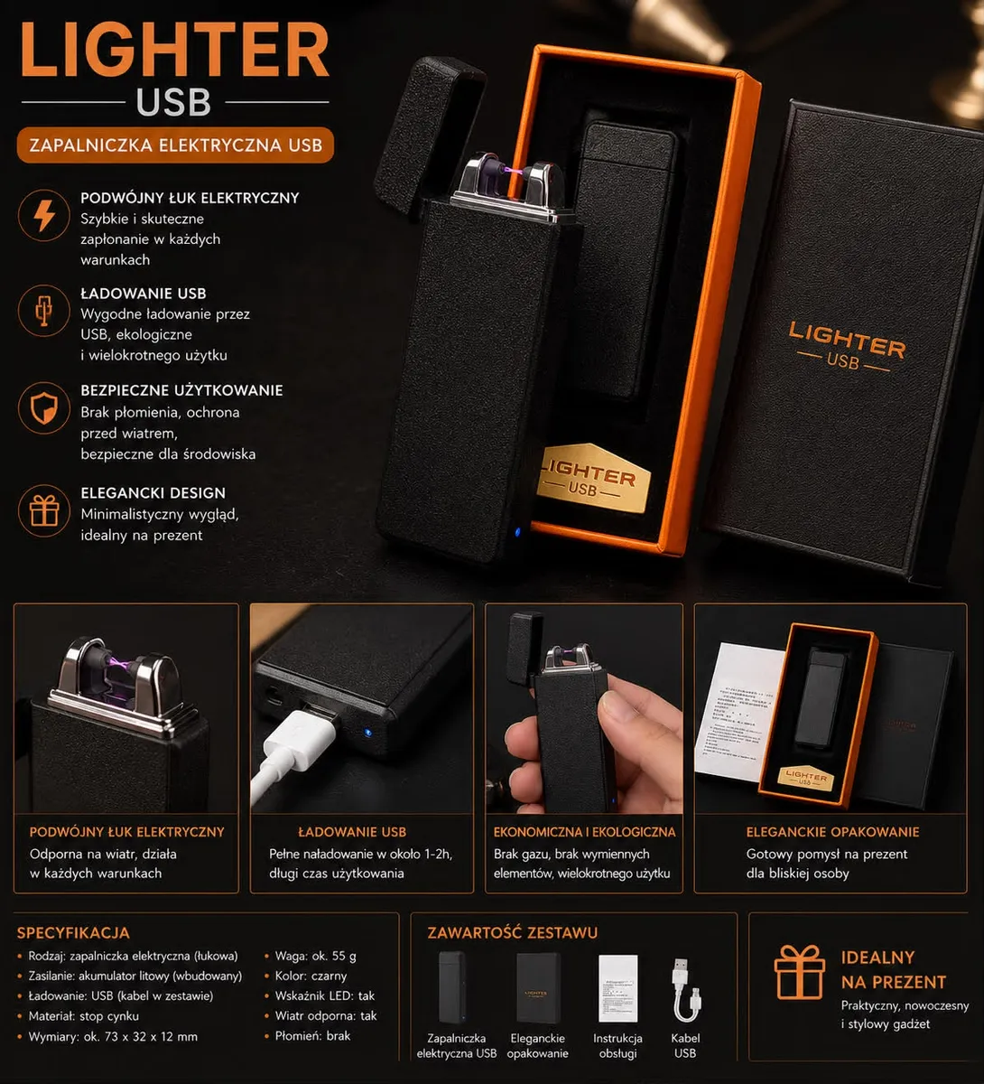 Zapalniczka elektryczna USB czarna z podwójnym łukiem, elegancka
