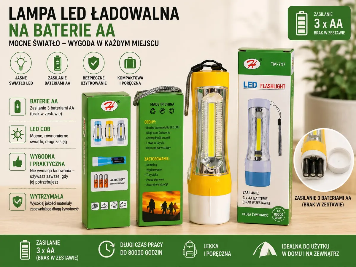 Latarka LED na baterie AA żółta kompaktowa praktyczna