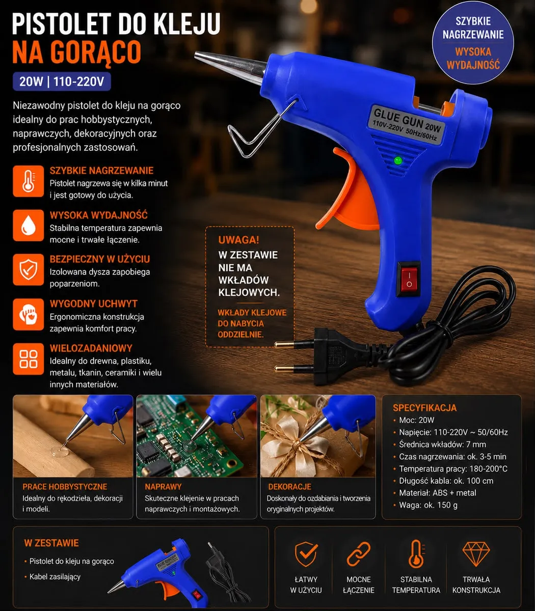 Mini pistolet do kleju na gorąco niebieski 20W 110-220V