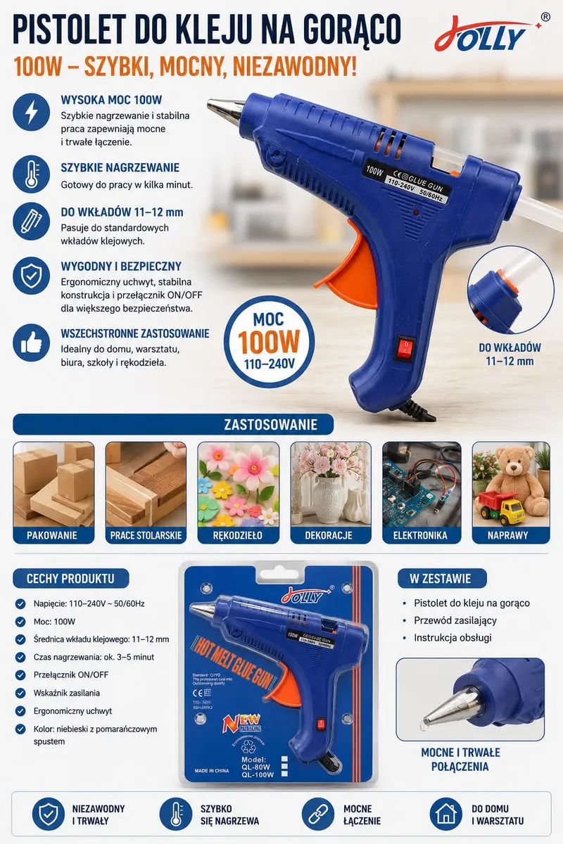 Duży pistolet do kleju na gorąco 100W niebieski z pomarańczowym spustem