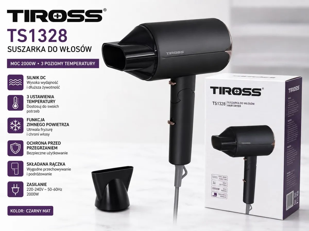 TIROSS TS1328 Suszarka do włosów czarny mat 2000W składana rączka