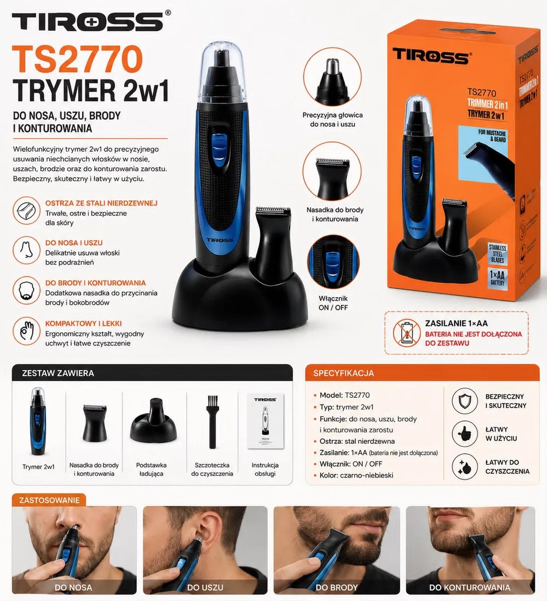 Trymer Tiross TS2770 czarno-niebieski 2w1 do nosa i brody