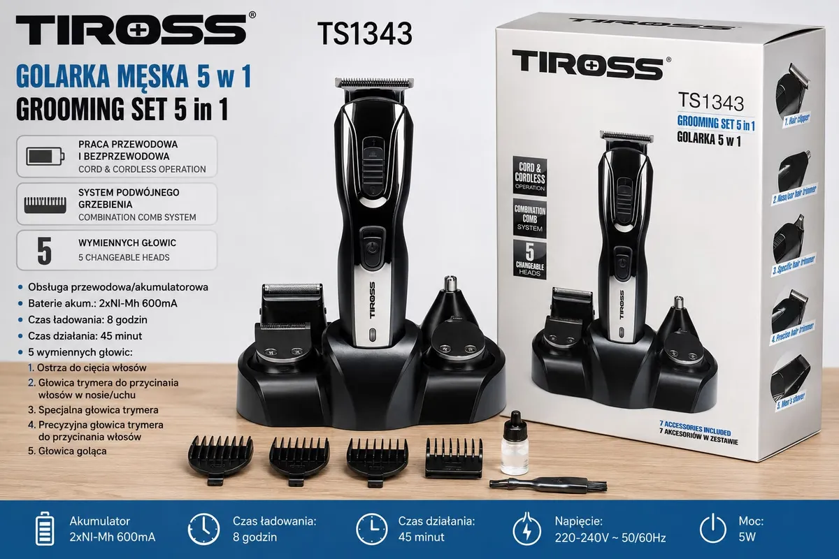 TIROSS TS1343 Golarka Męska 5w1 z 5 wymiennymi głowicami czarna
