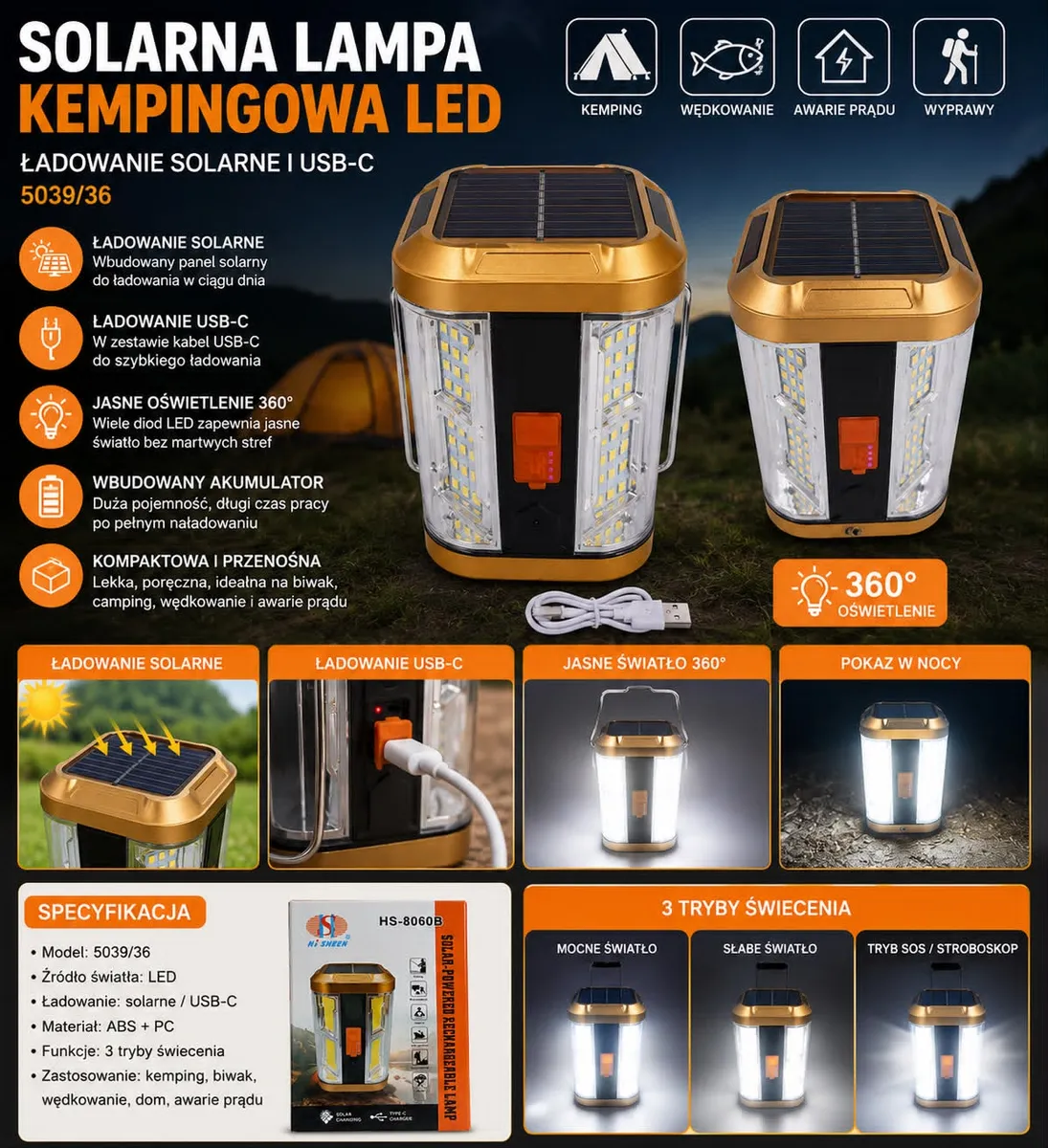 Lampa kempingowa solarna LED USB-C złoto-czarna 360° oświetlenie