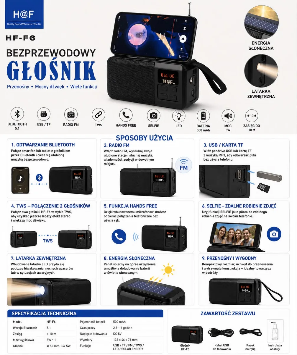 H@F HF-F6 Bezprzewodowy Głośnik Bluetooth Czarny z Radiem FM i Panelem Solarnym