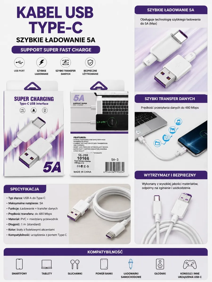 Kabel USB-C 5A Fast Charge biały z fioletowymi akcentami 1m