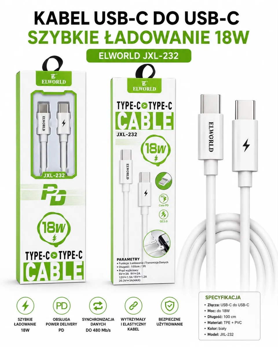Kabel USB-C do USB-C biały 100 cm szybkie ładowanie 18W