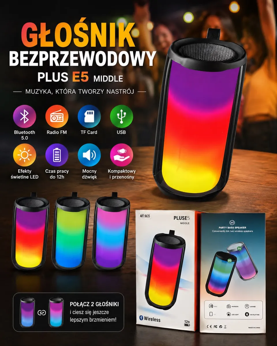 Głośnik bezprzewodowy Bluetooth 5.0 PLUS E5 z LED RGB i FM