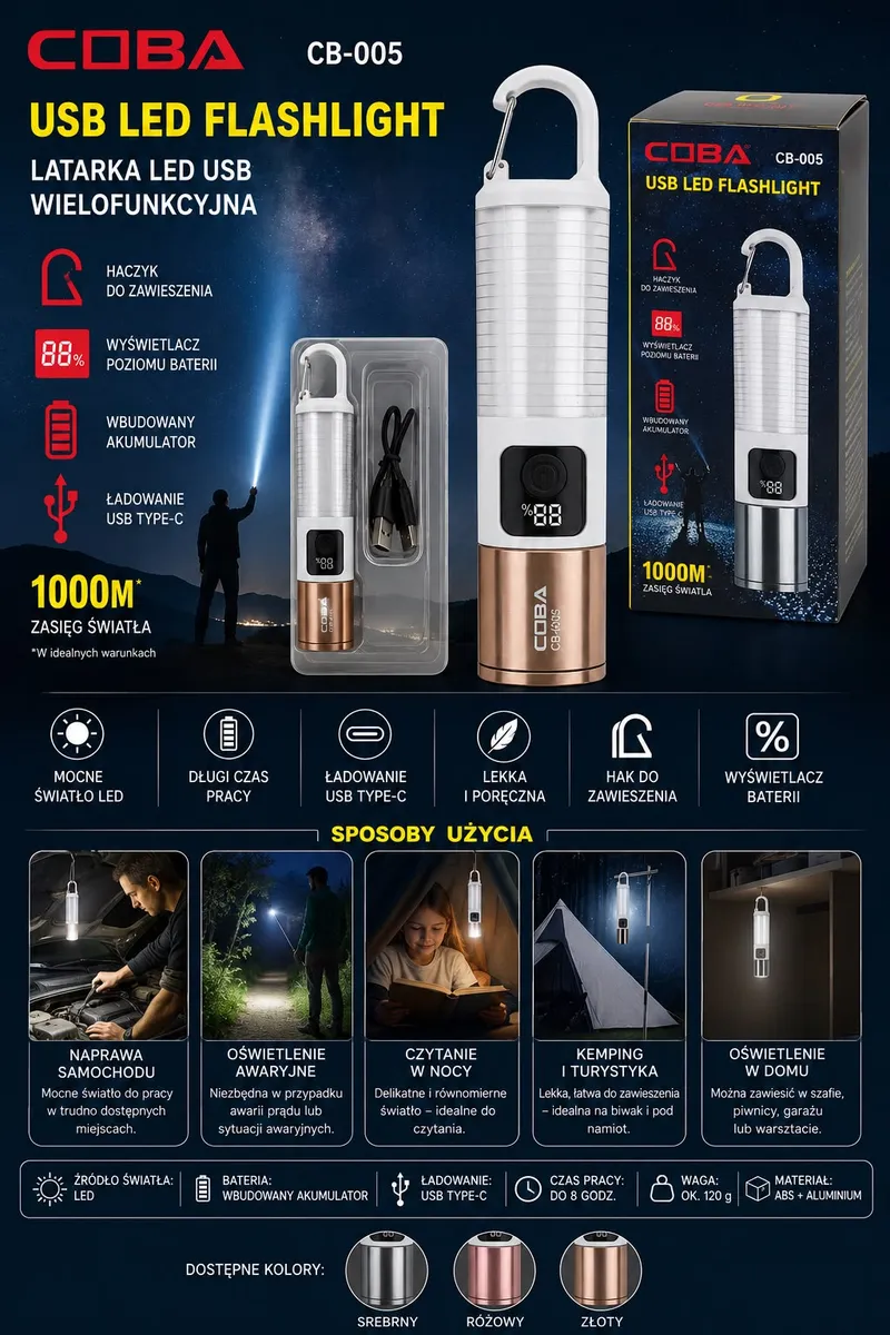 Latarka akumulatorowa LED COBA CB-005 USB-C z hakiem i wyświetlaczem