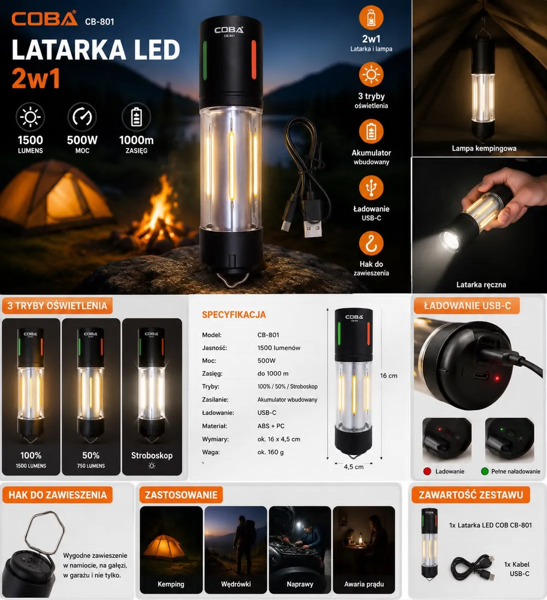 Latarka LED COB USB-C akumulatorowa 3 tryby świecenia czarna