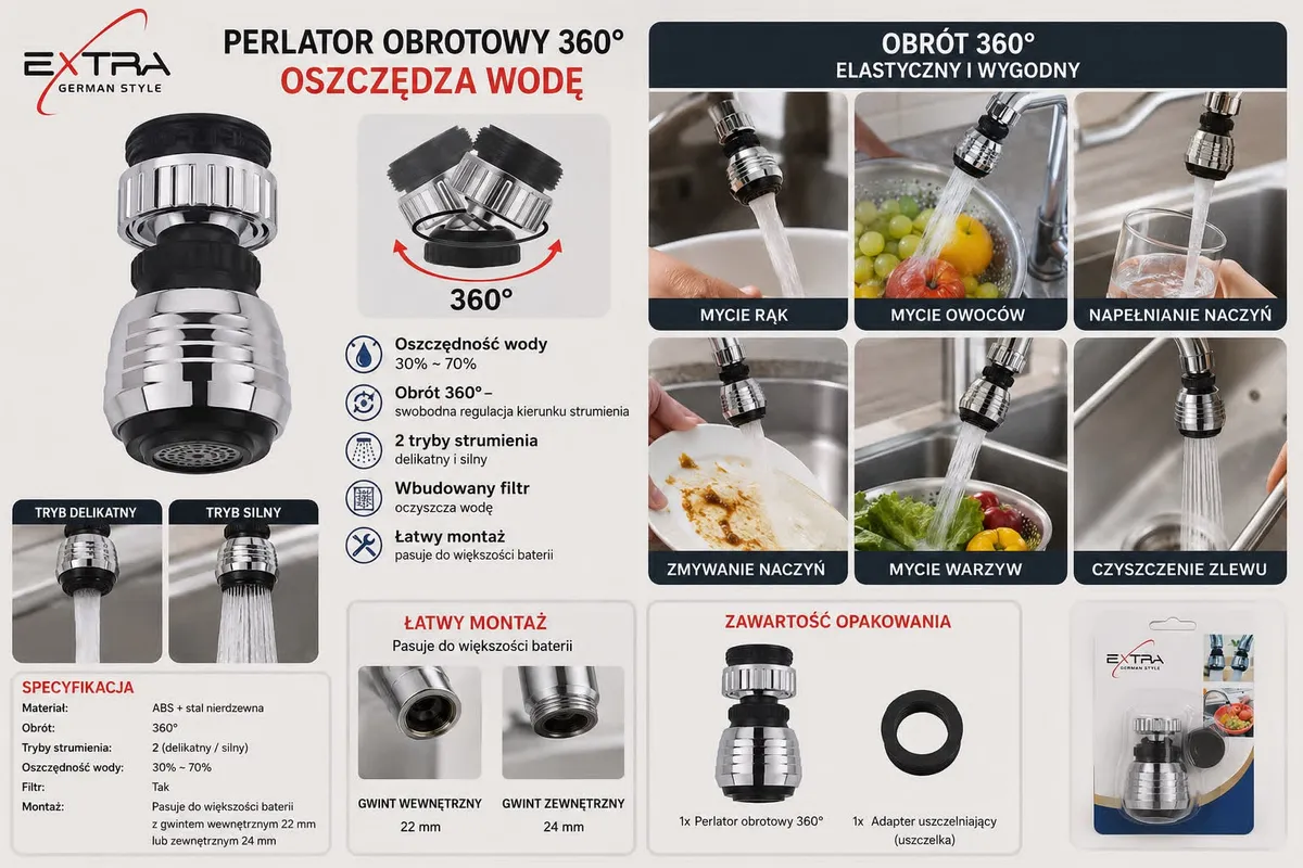 Perlator obrotowy 360° EXTRA EX-4894 chromowany z filtrem oszczędzający wodę
