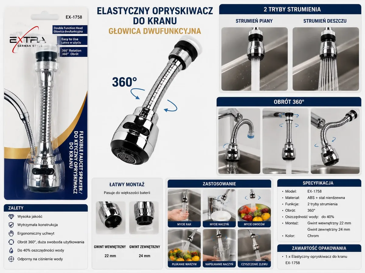 Elastyczny perlator do baterii kuchennej 360° chrom EX-1758
