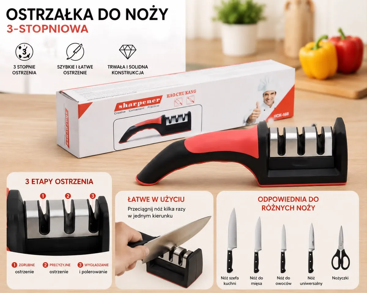 Ostrzałka do noży 3-stopniowa czarno-czerwona z ergonomiczną rączką