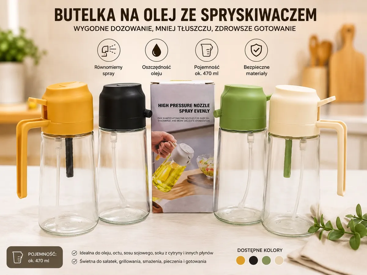 Butelka do Oliwy 2w1 ze Spryskiwaczem i Dozownikiem 470 ml kolorowa