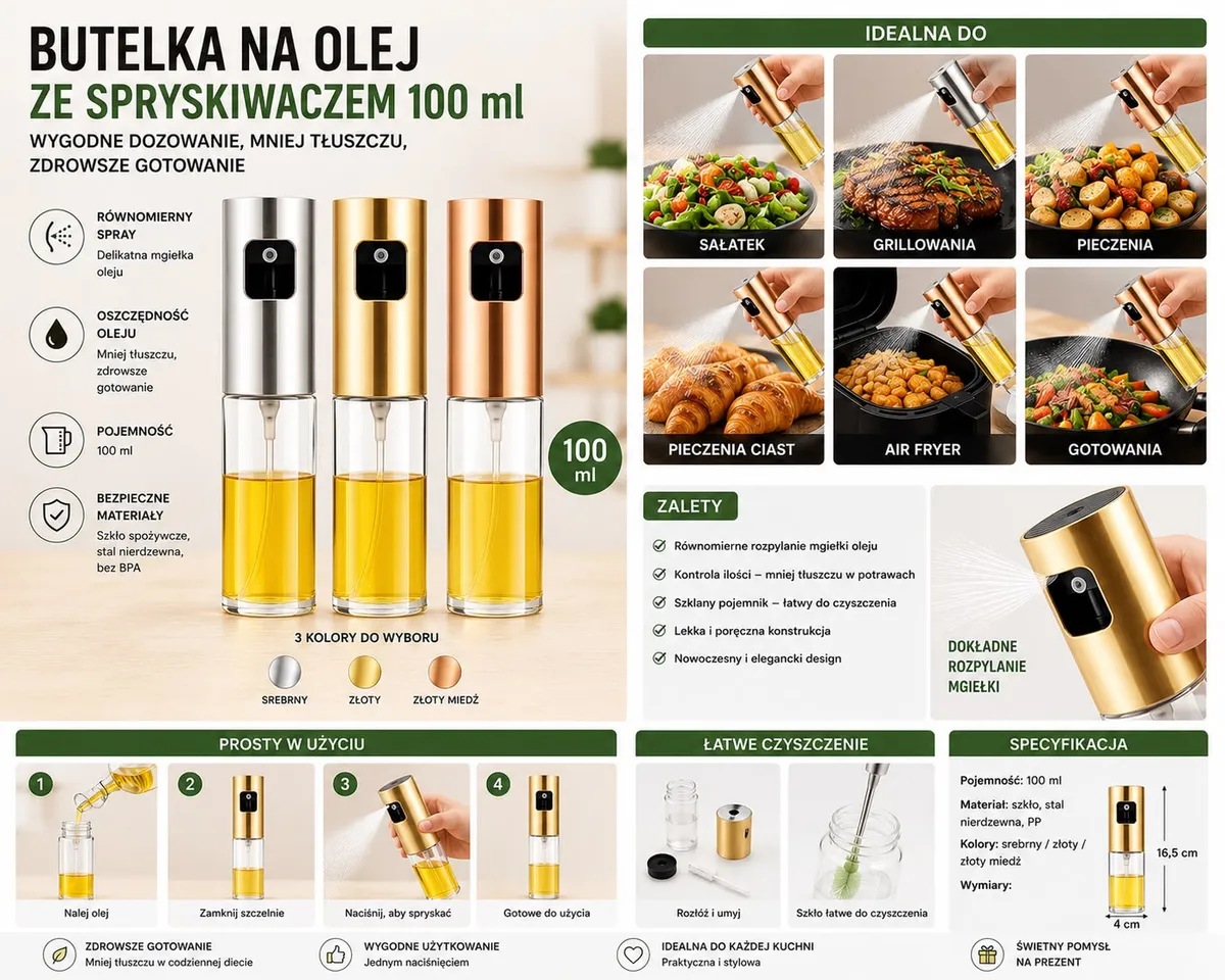 Butelka na olej ze spryskiwaczem 100 ml szklana srebrna/złota/miedź
