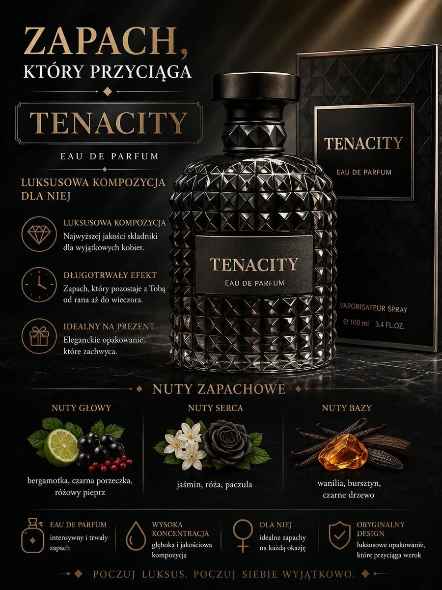 Tenacity Eau de Parfum 100 ml czarny flakon luksusowy zapach dla niej