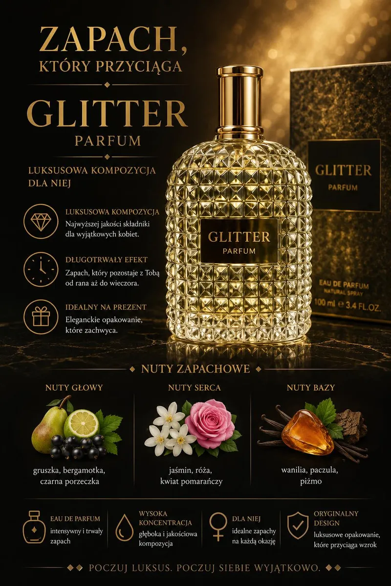 Glitter Parfum 100 ml luksusowy zapach damski z nutami jaśminu i wanilii