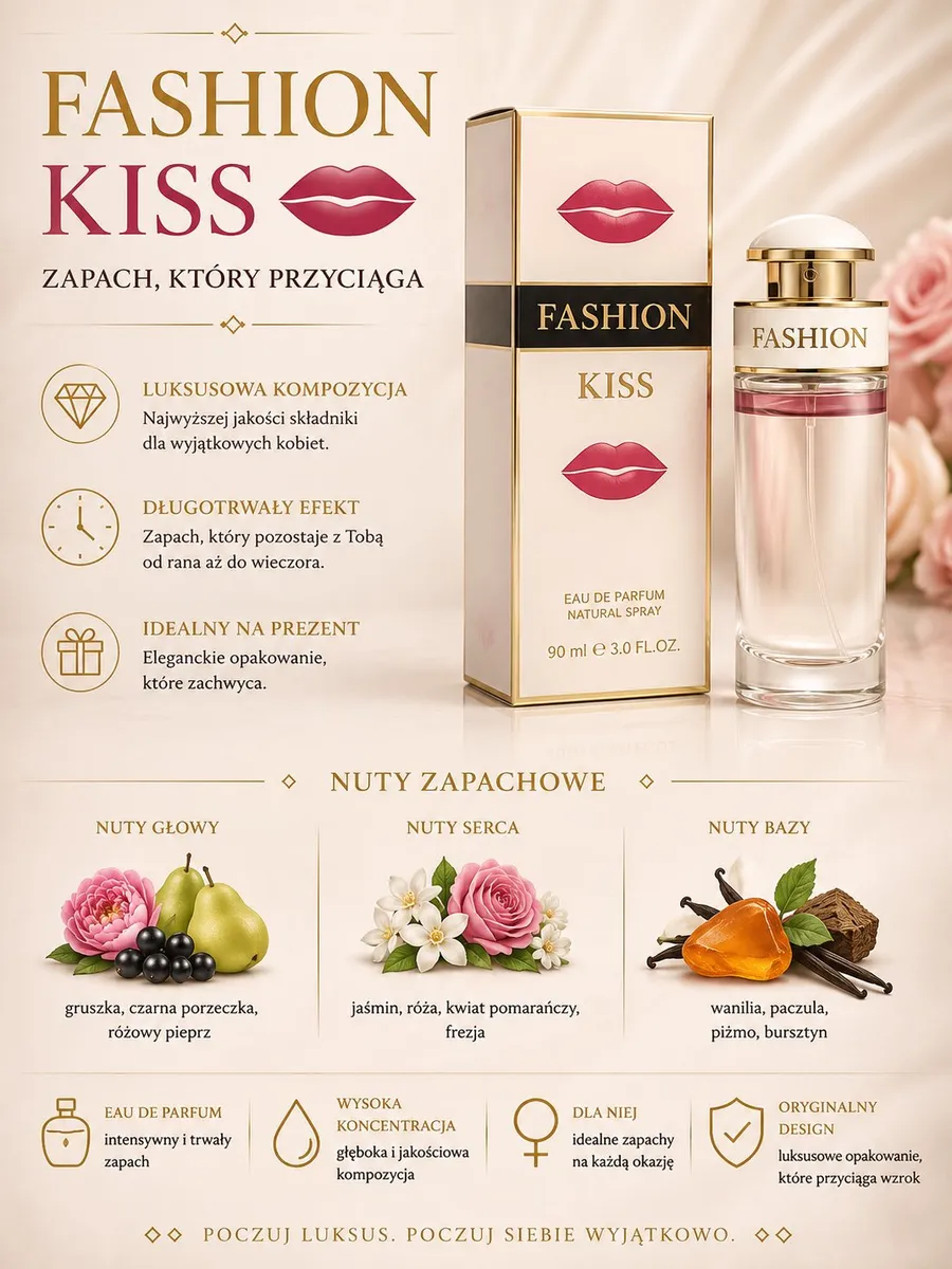 Fashion Kiss Perfumy Damskie 90 ml z Nutami Kwiatowo-Owocowymi