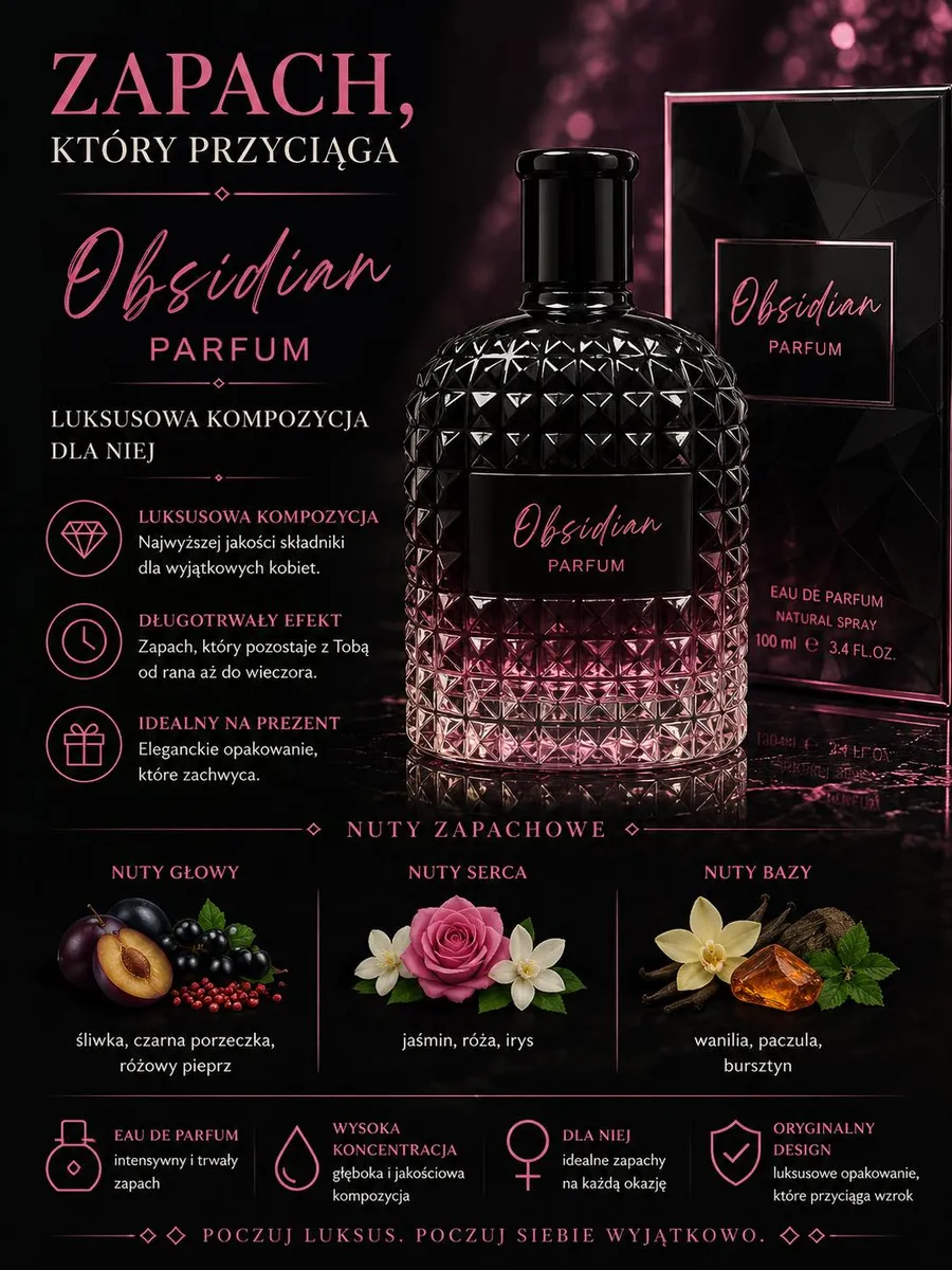 Obsidian Parfum damski 100 ml luksusowy zapach z nutami kwiatowymi i owocowymi