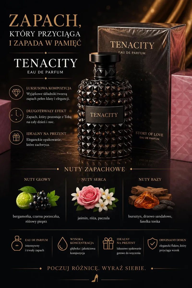 Tenacity Eau de Parfum luksusowy zapach z nutami bursztynu i jaśminu
