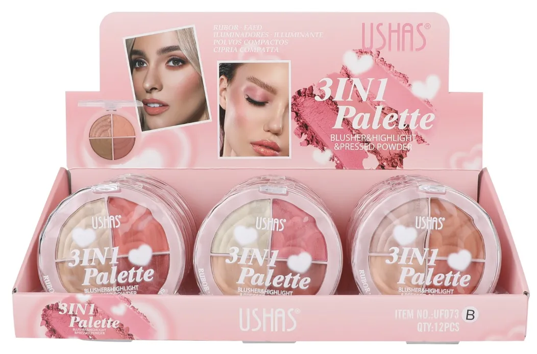 Ushas 3IN1 Palette róż, rozświetlacz i puder prasowany