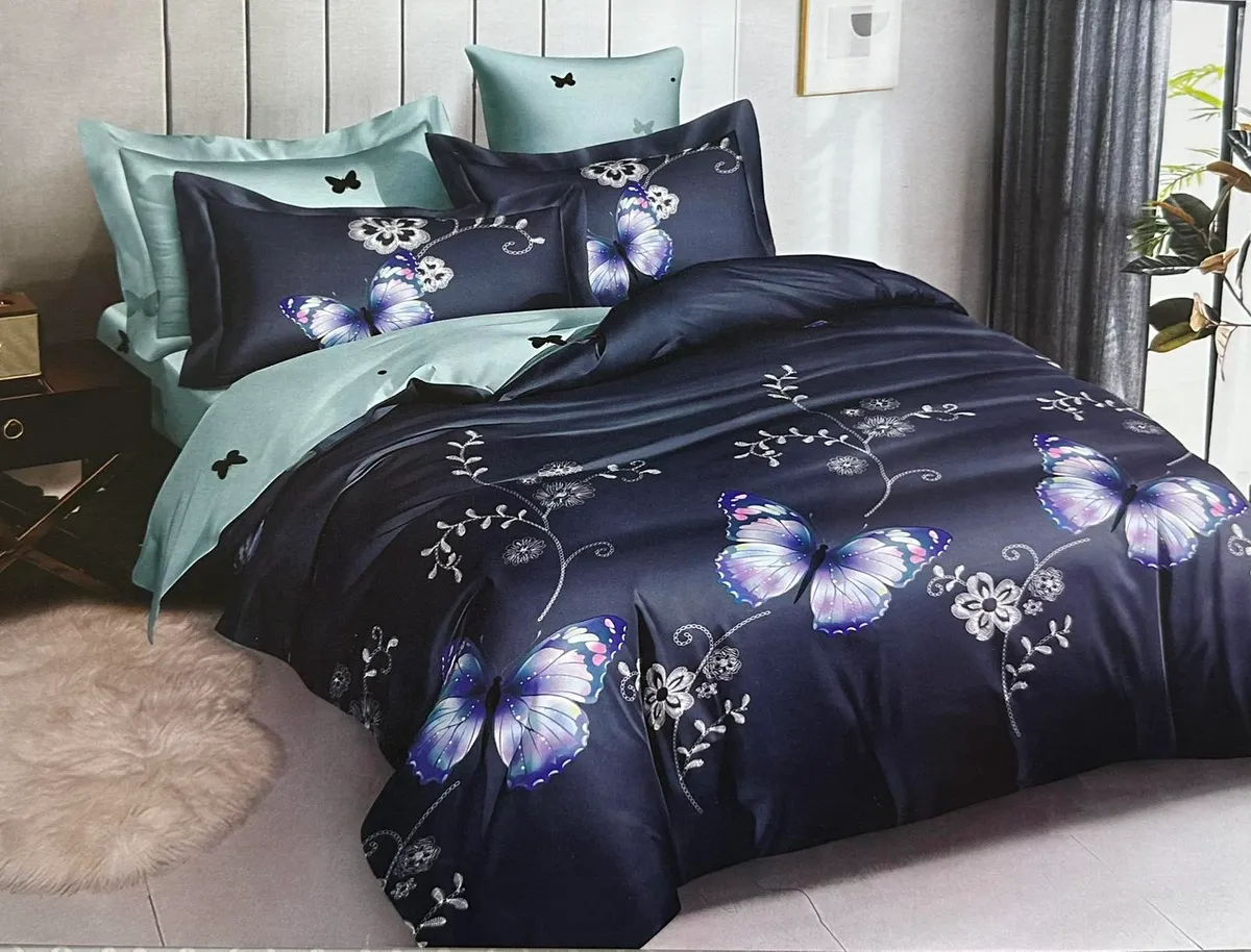 Komplet pościeli 5D Milano 200x220 cm granatowo-miętowy z motywem motyli