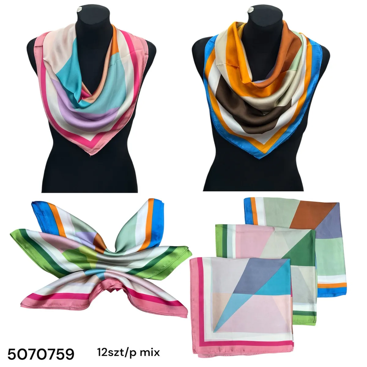 Chusty damskie kolorowe geometryczne wzory 70x70 cm mix