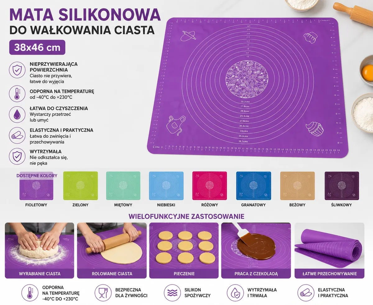 Mata silikonowa do wałkowania ciasta 38x46 cm fioletowa