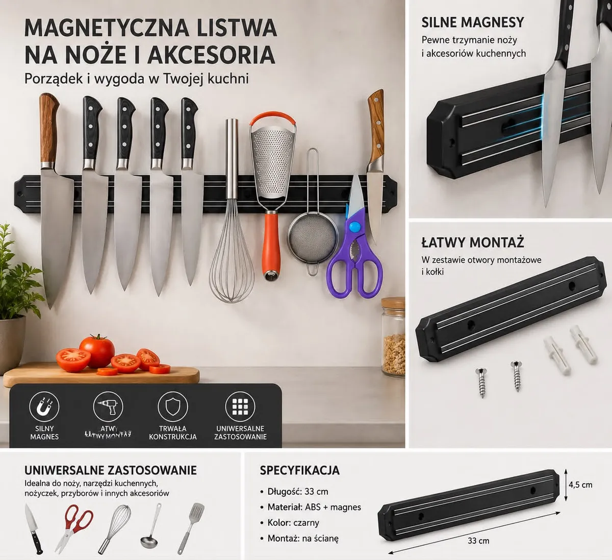 Magnetyczna listwa na noże i akcesoria czarna 33 cm