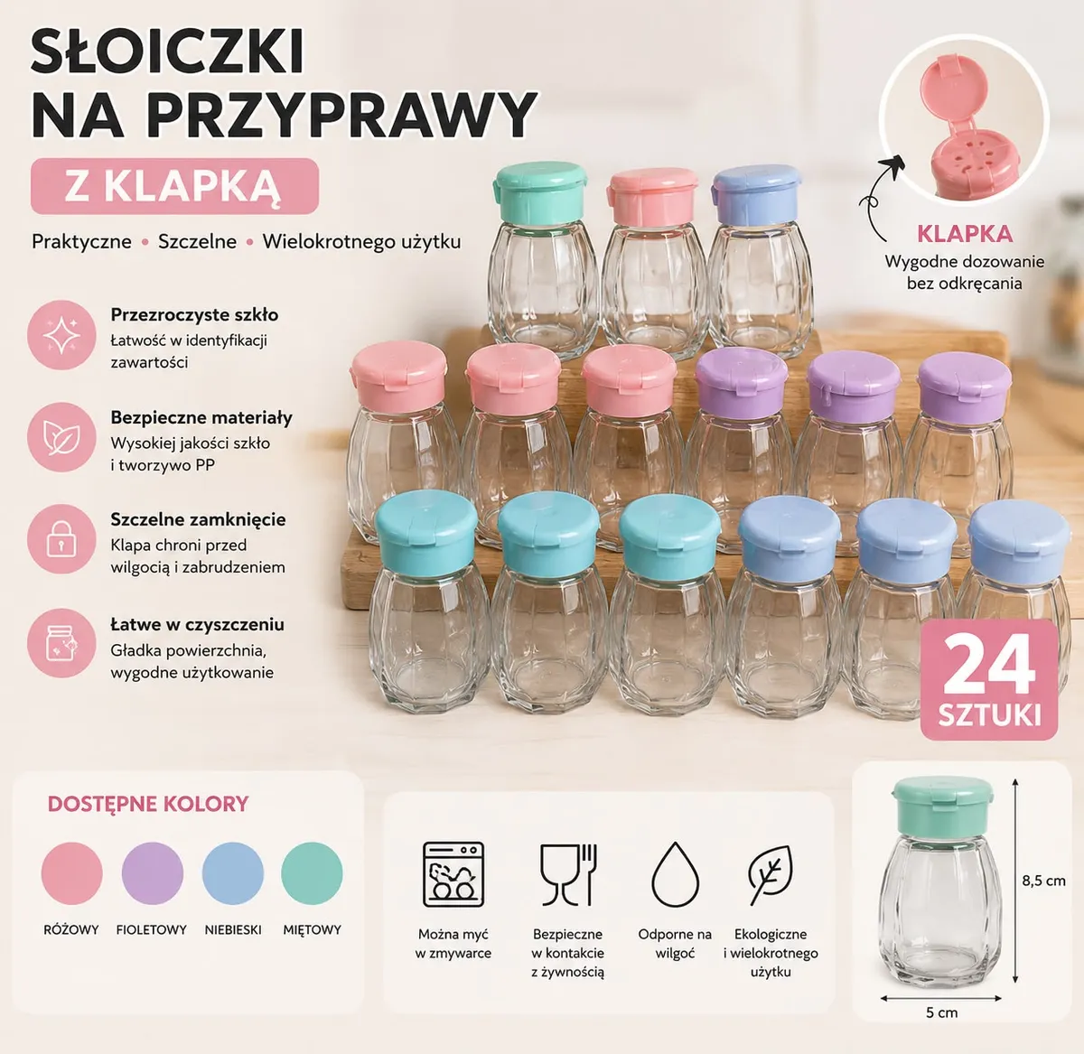 Słoiczek na przyprawy z klapką, szkło i PP, mix kolorów pastelowych