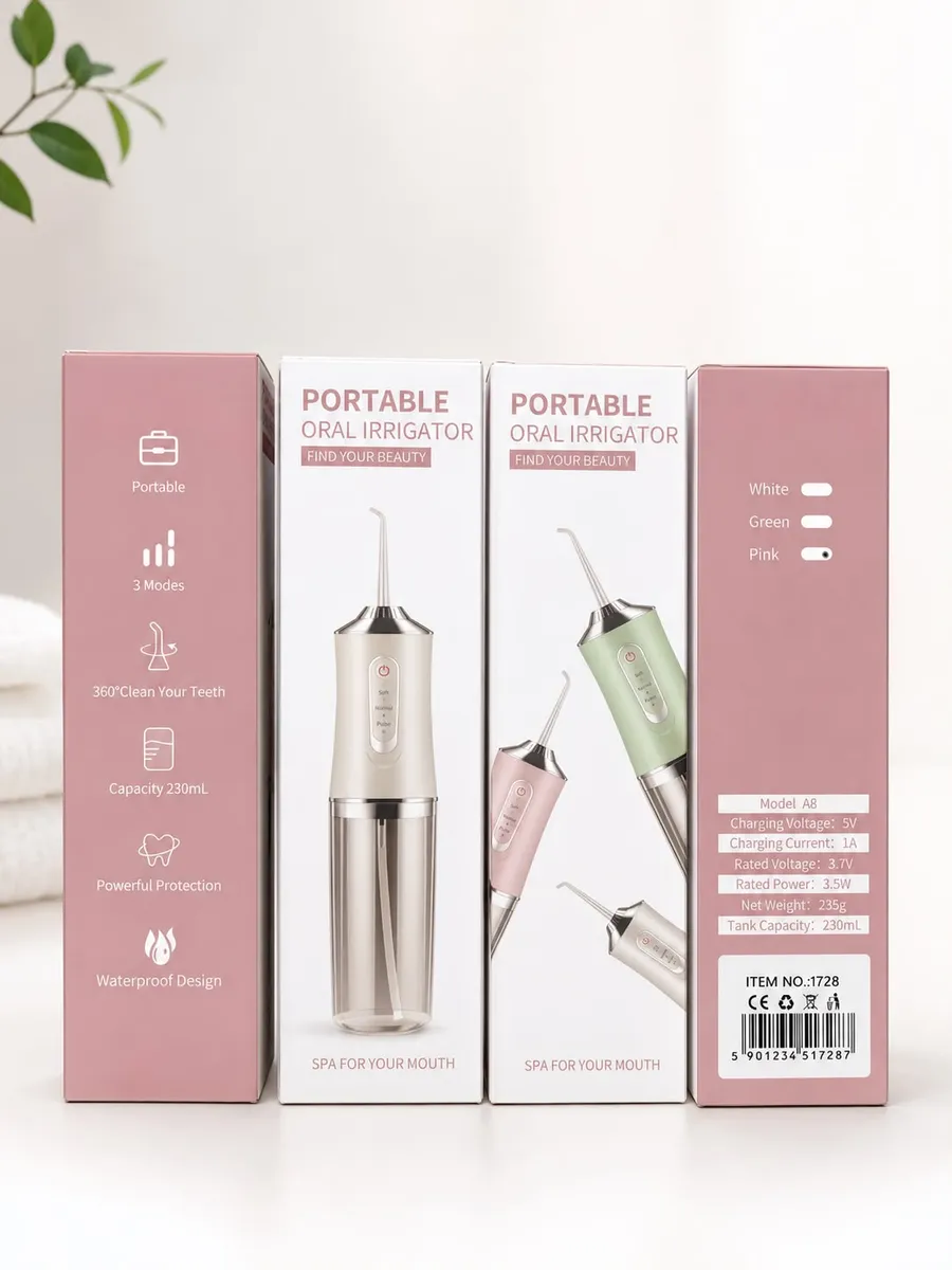 Irygator do zębów bezprzewodowy A8 USB 230 ml różowy 3 tryby IPX7