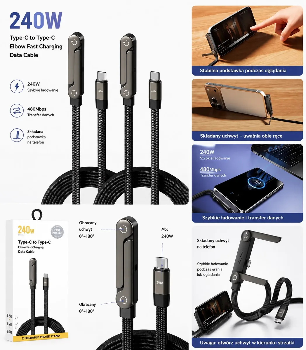 Kabel USB-C do USB-C 240W PD Fast Charging z wbudowaną składana podstawką