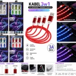 Kabel USB 3w1 LED czerwony do ładowania i transmisji danych