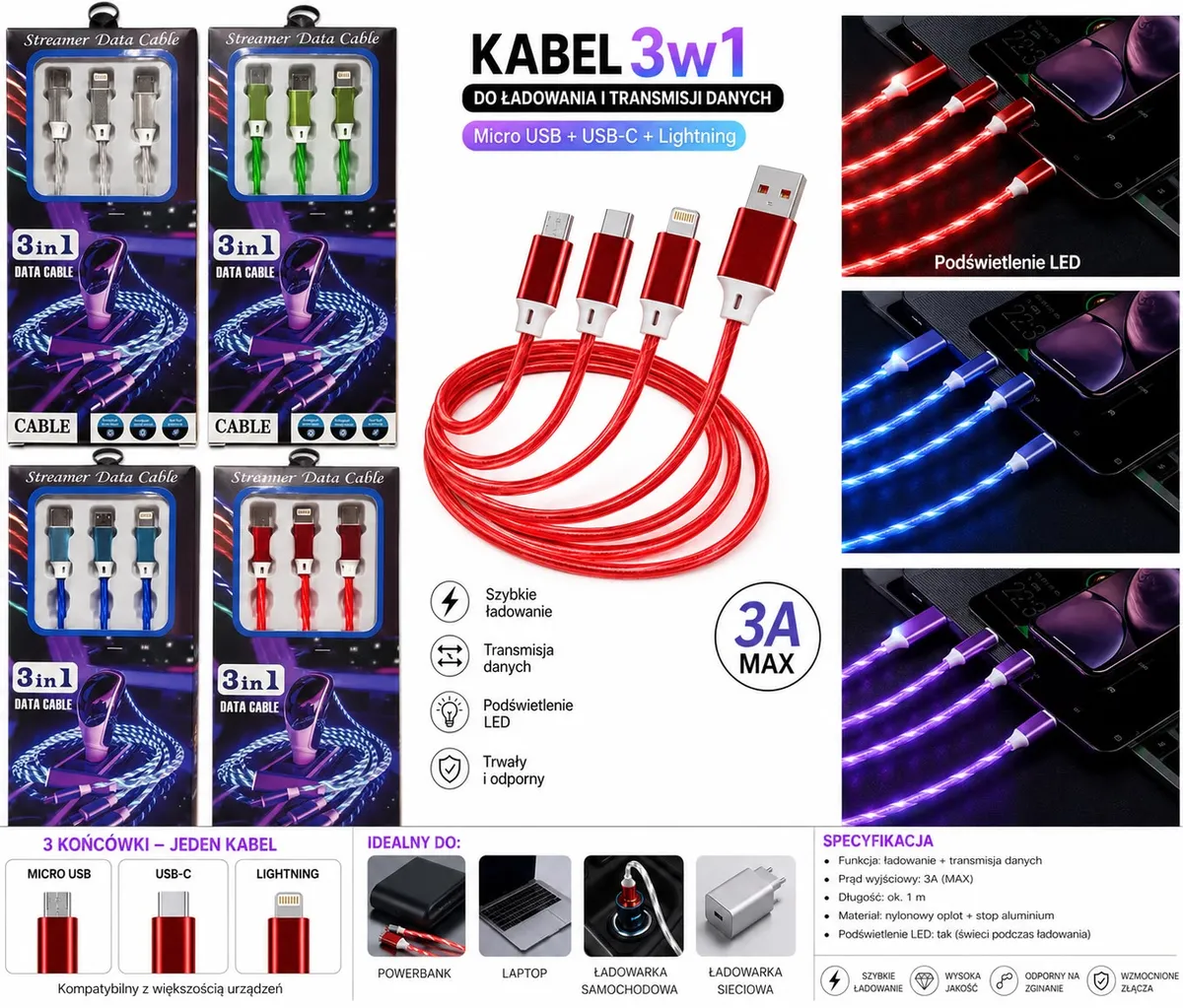 Kabel USB 3w1 LED czerwony do ładowania i transmisji danych