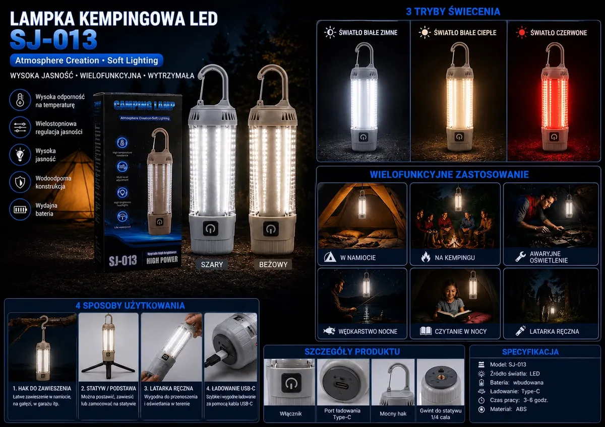 Lampka Kempingowa LED SJ-013 szara z hakiem i statywem USB-C