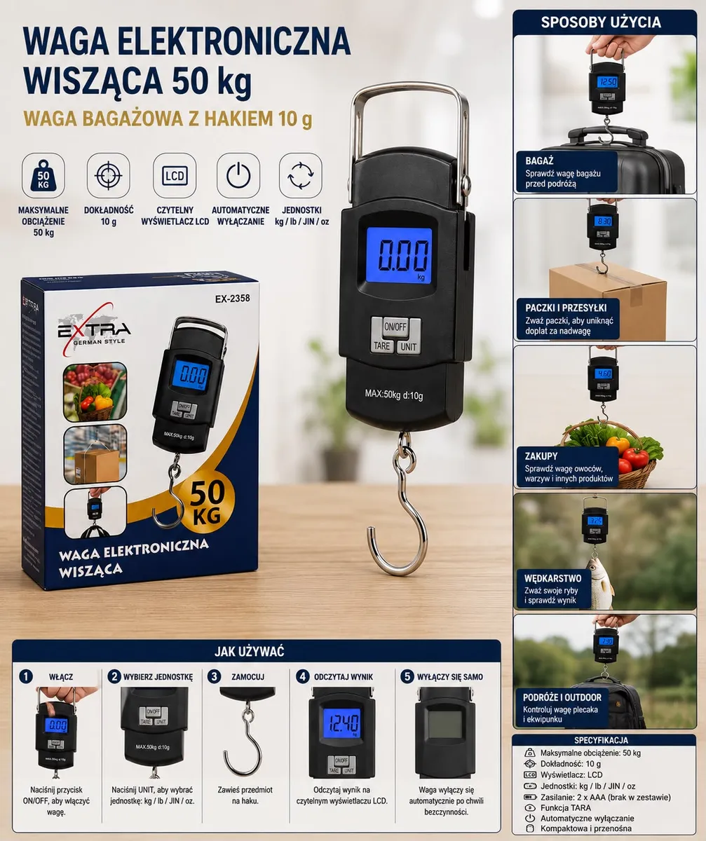 Waga elektroniczna wisząca 50 kg z hakiem i LCD czarna