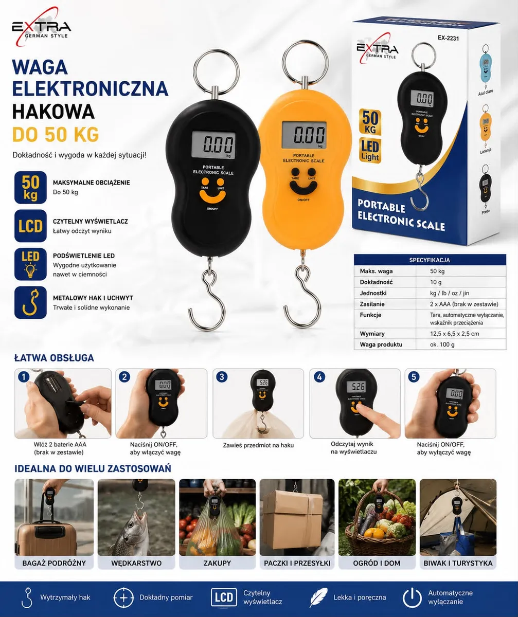 Elektroniczna waga hakowa 50 kg z podświetleniem LED czarna i pomarańczowa