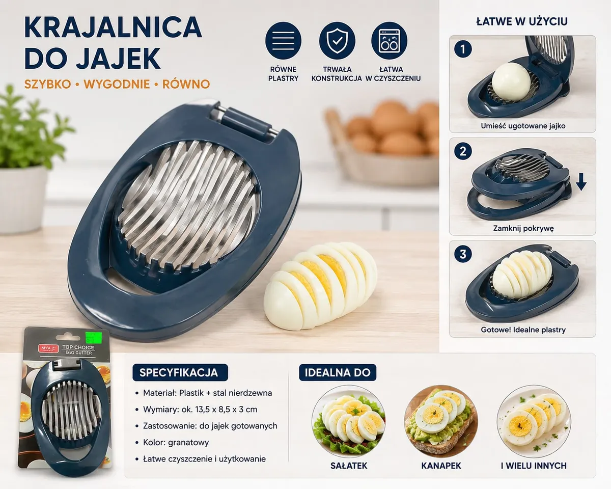 Krajalnica do jajek granatowa ze stali nierdzewnej i plastiku