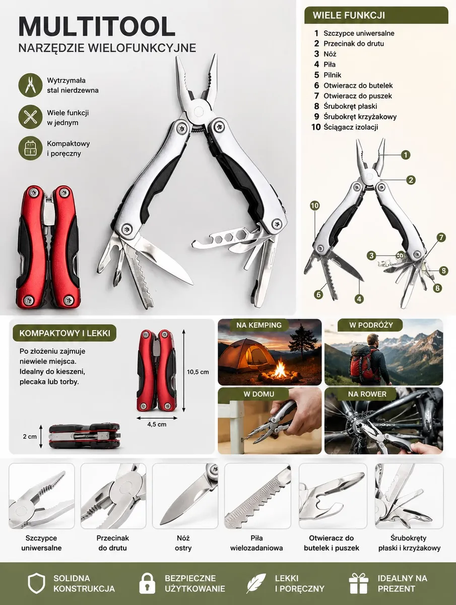Multitool 9w1 wielofunkcyjne szczypce składane stal nierdzewna