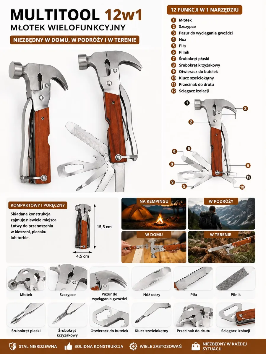 Multitool Młotek 12w1 Narzędzie Wielofunkcyjne z Drewnianą Rączką