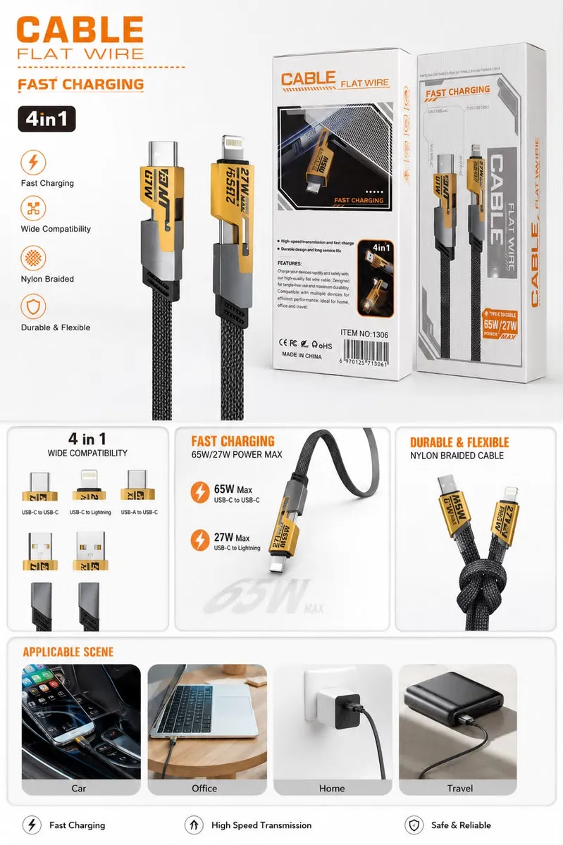 Kabel 4w1 szybkie ładowanie 65W/27W nylonowy pleciony czarny