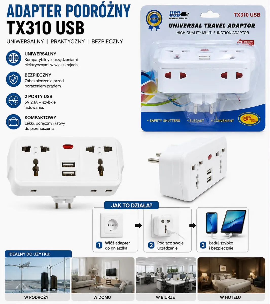 Adapter Podróżny TX310 USB biały 2 gniazda AC 2 porty USB 5V 2.1A