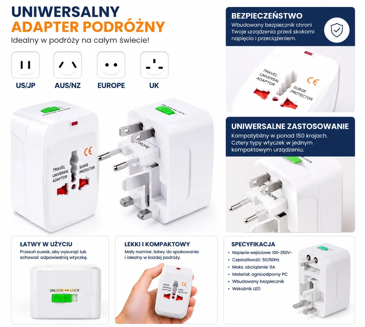 Uniwersalny Adapter Podróżny 4w1 z Zabezpieczeniem Przeciwprzepięciowym