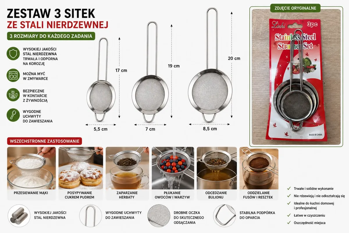 Zestaw 3 Sitek Kuchennych ze Stali Nierdzewnej różne rozmiary