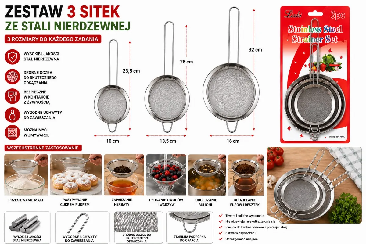 Zestaw 3 Sitek Kuchennych ze Stali Nierdzewnej 10-16 cm