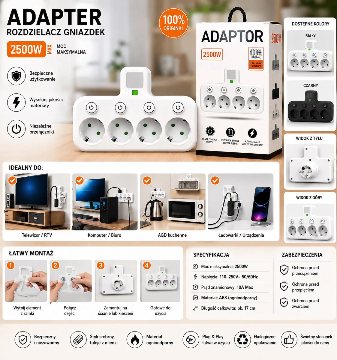 Adapter rozdzielacz gniazdek 4 gniazda biały 2500W z wyłącznikami