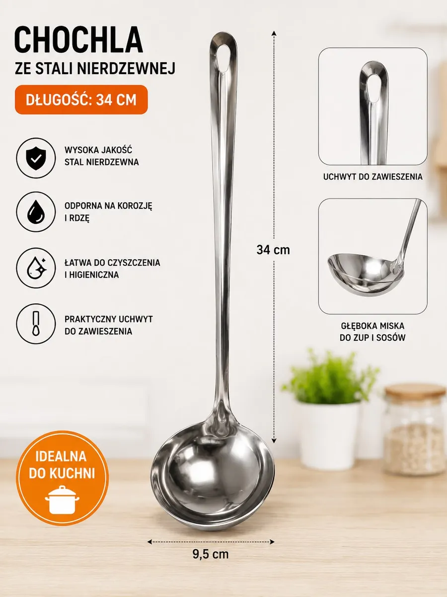 Chochla ze stali nierdzewnej 34 cm z uchwytem do zawieszenia