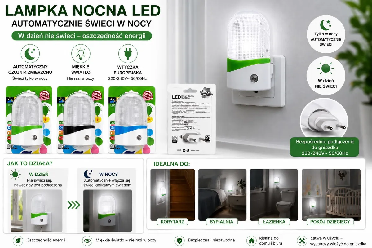 Lampka nocna LED z automatycznym czujnikiem zmierzchu do gniazdka 230V